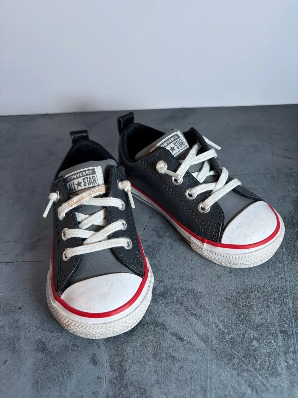 Converse Kids Black Leather Sneakers with White & Red Accents